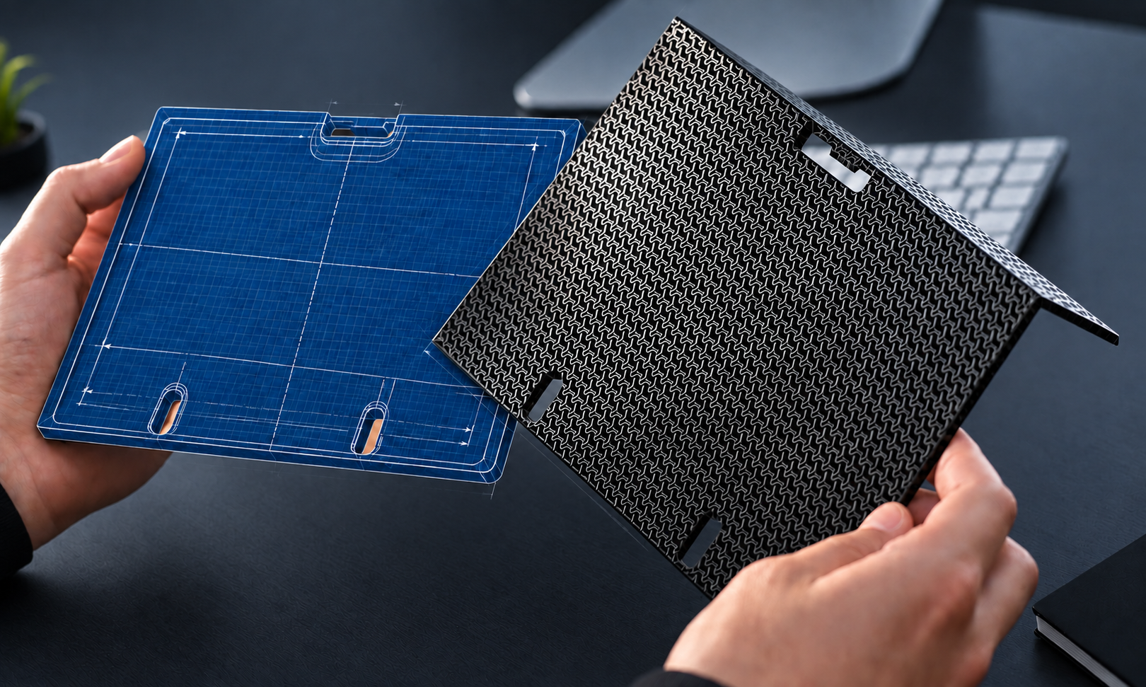 MI-Form: blauer CAD-Entwurf und geformtes Muster im Vergleich