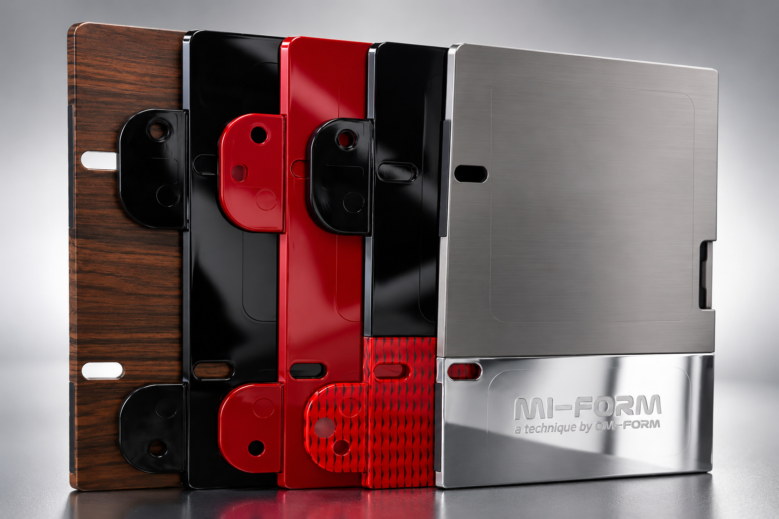 MI-Form samples in wood, black, red and metallic finishes